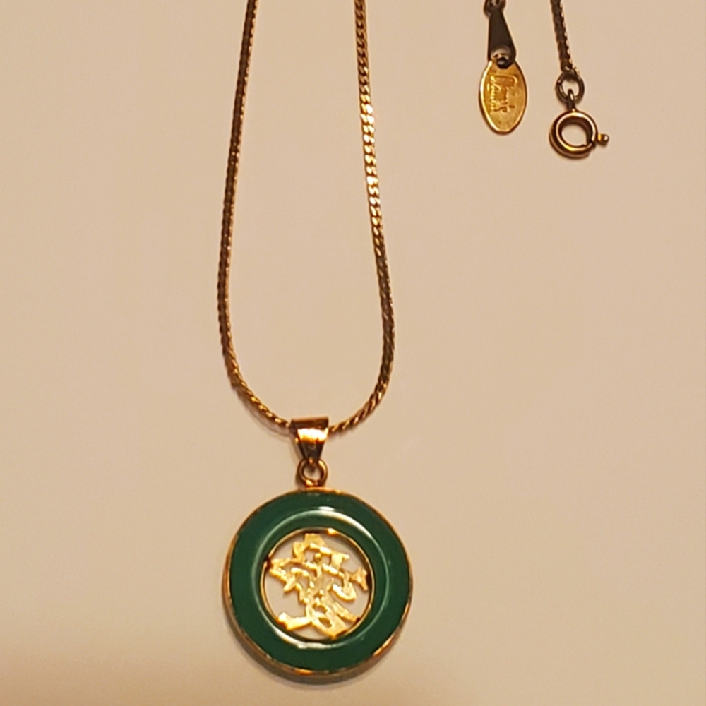 Jade "Blessing" Chinese Fu Symbol Circle Pendant Necklace in 14kt Gold